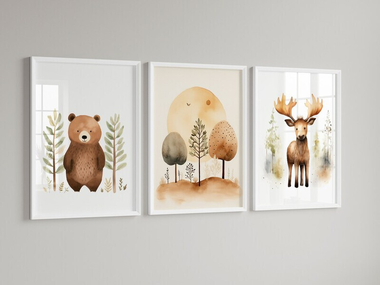 Earth-toned woodland canvas art showcasing a horizontal moose print, rustic style complements a nature-themed kids' nursery