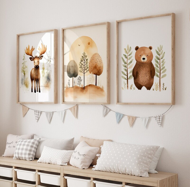 Earth-toned woodland nursery canvas art featuring bear and moose prints, neutral palette for kids' room forest-themed decor