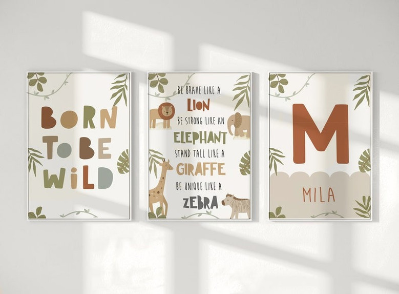 Jungle theme nursery canvas wall art set of 3 panels, vertical, with lion, zebra, and monkey; neutral tones for kids' room