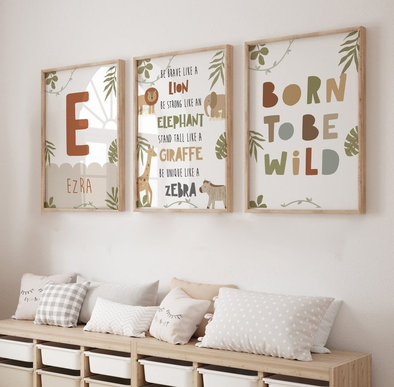 Safari nursery canvas wall art featuring cute jungle animals - lion, giraffe, elephant - pastel palette for boys' and girls' room