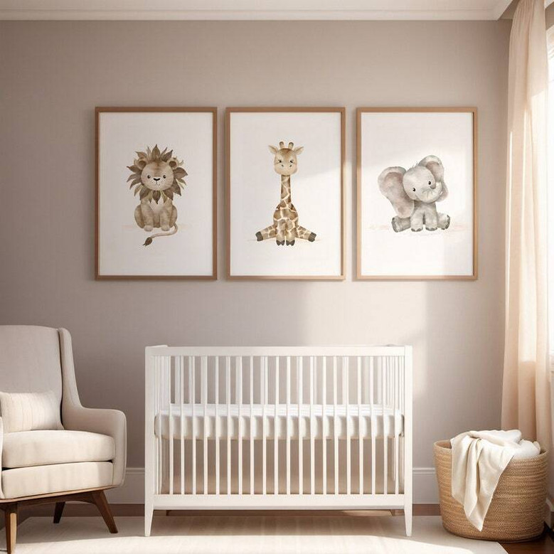 Safari nursery canvas wall art with lion, giraffe and elephant trio; gender-neutral baby room decor, set of three prints