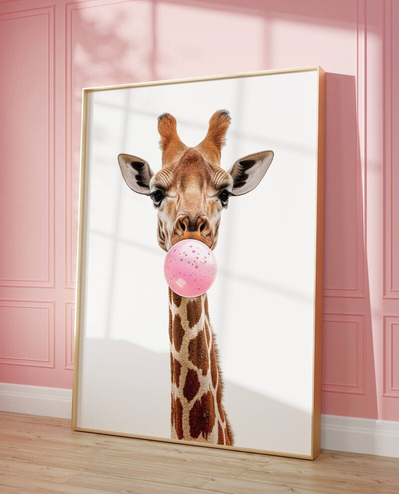 Funny giraffe nursery canvas wall art in modern pink, playful portrait for kids' room decor, vertical orientation Funny giraffe nursery canvas wall art in modern pink, playful portrait for kids' room decor, vertical orientation
