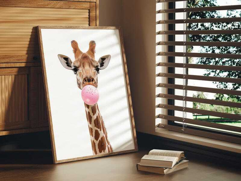 Funny giraffe art print for nursery decor, modern pink palette with smiling giraffe, kids' room wall accent, portrait layout Funny giraffe art print for nursery decor, modern pink palette with smiling giraffe, kids' room wall accent, portrait layout