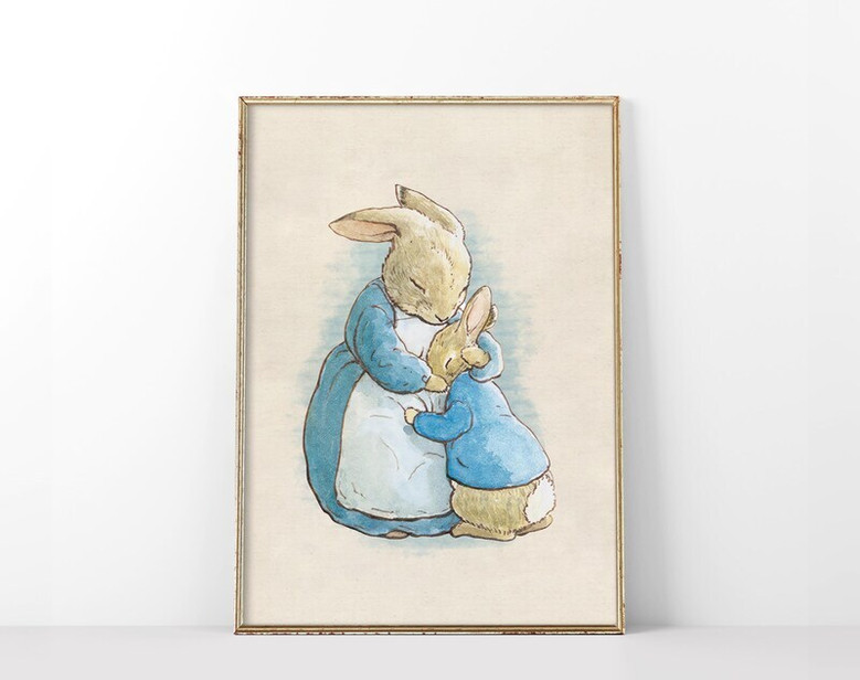 Vintage Peter Rabbit Illustration Canvas showing mama bunny hugging baby, storybook charm, muted tones for nursery decor.