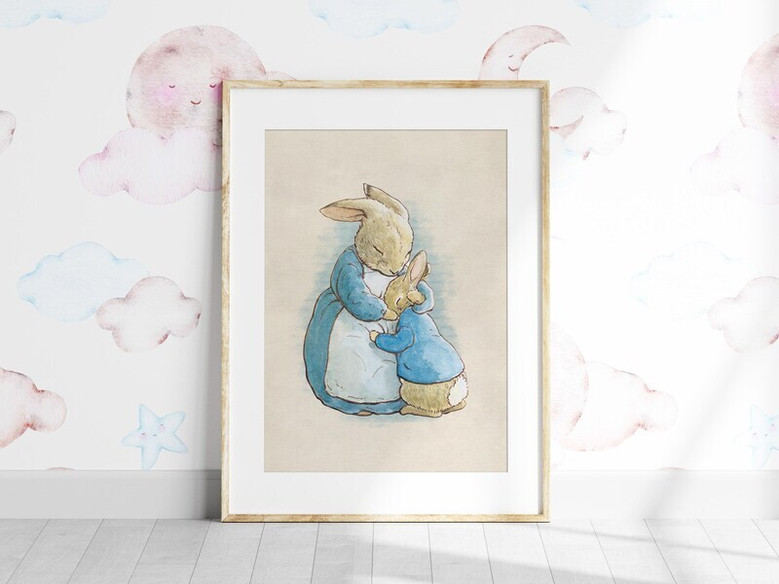 Vintage Peter Rabbit Illustration Canvas of mama bunny hugging baby, soothing watercolor palette for newborn nursery decor.