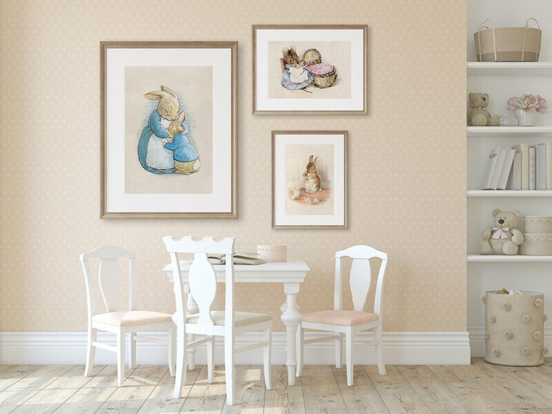 Vintage Peter Rabbit Illustration Canvas featuring mama bunny hug, pastel nursery art for gentle, nature-inspired baby room.