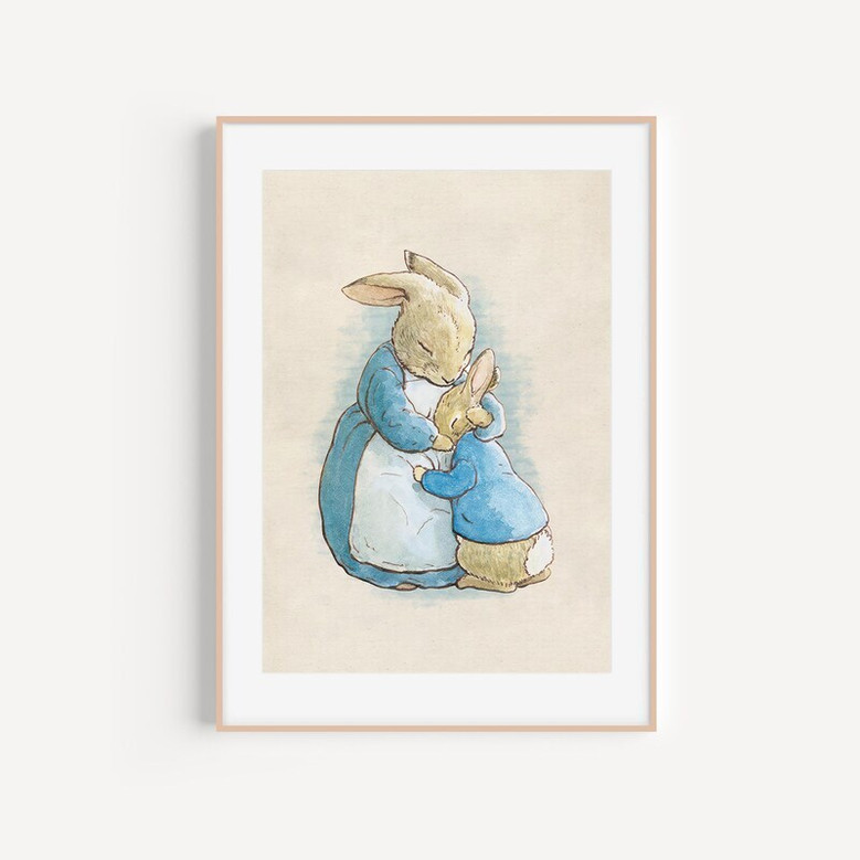 Vintage Peter Rabbit Illustration Canvas, mother rabbit cuddling baby, classic nursery wall art and a sweet baby shower gift.