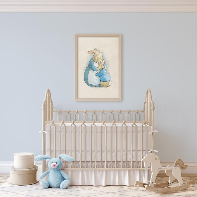 Vintage Peter Rabbit Illustration Canvas, mother rabbit cuddling baby in gentle pastels, sweet decor for a cozy nursery.