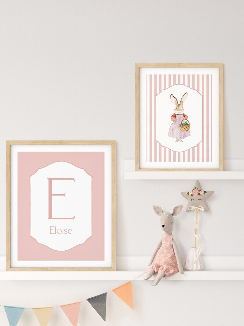 Peter Rabbit wall art canvas, pastel pink cottagecore nursery decor, custom baby name design, charming gift for baby shower