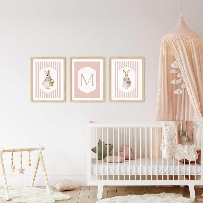 Peter Rabbit canvas print for children's room, pink cottagecore style, personalized with name; sweet nursery decor for girls