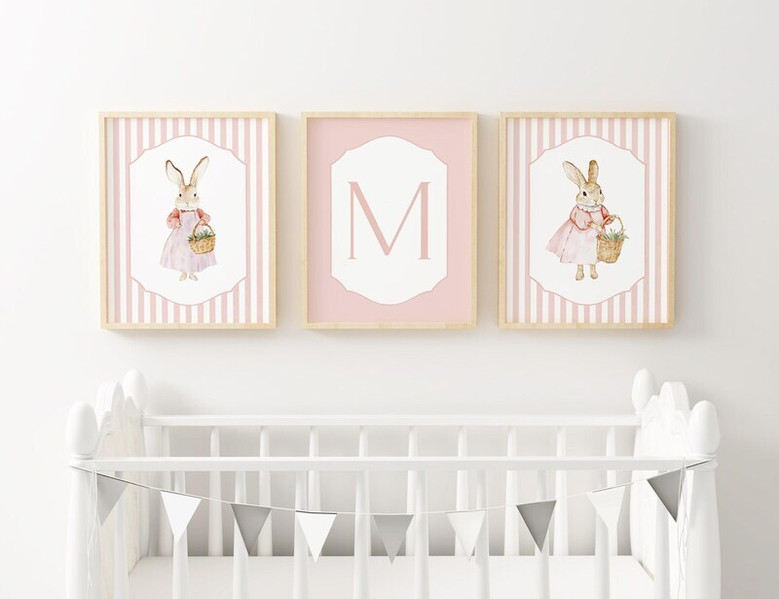 Peter Rabbit custom canvas wall decor, pink cottage garden theme, pastel tones, ideal baby girl nursery name art gift