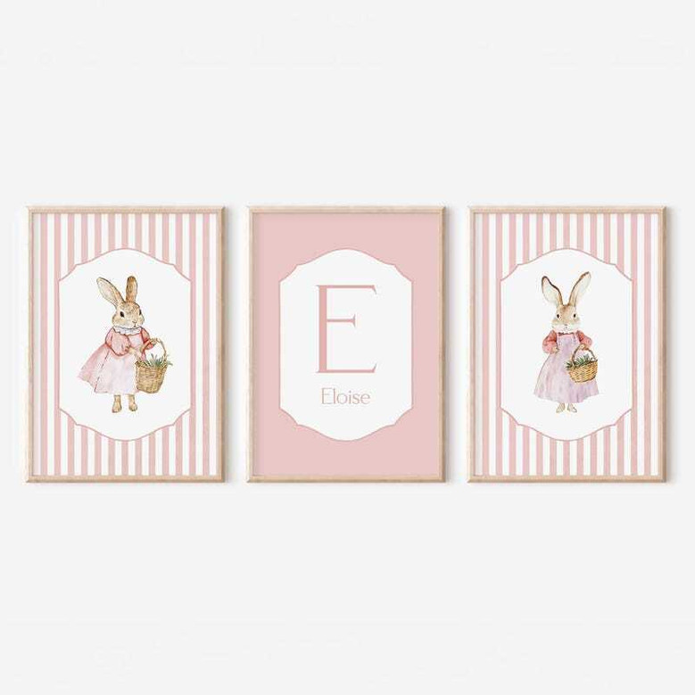 Peter Rabbit nursery canvas in soft pink, vintage cottagecore illustration, personalized with baby name for children's room