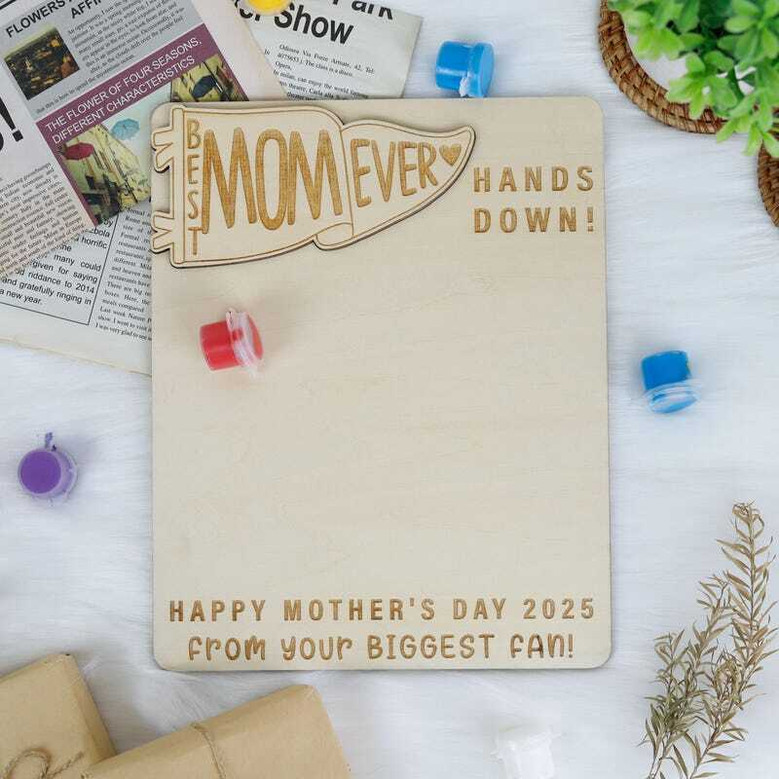 Best Mom Ever personalized handprint wooden sign, custom kids' names and handprints, heart graphic, perfect Mother's Day gift