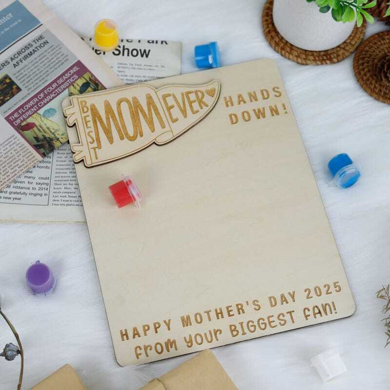 Personalized Mother's Day mom handprint wooden sign, Best Mom Ever text with heart, kids' handprints and names, decor