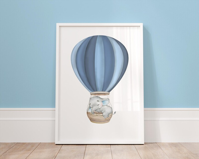 Elephant nursery canvas art, pastel blue hot air balloon and rainbow scene, custom name and date keepsake for baby boy