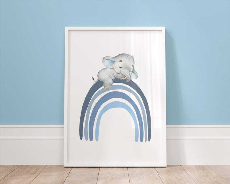 Elephant nursery canvas wall art, blue balloon and rainbow design, personalized with baby boy name for sweet playroom decor