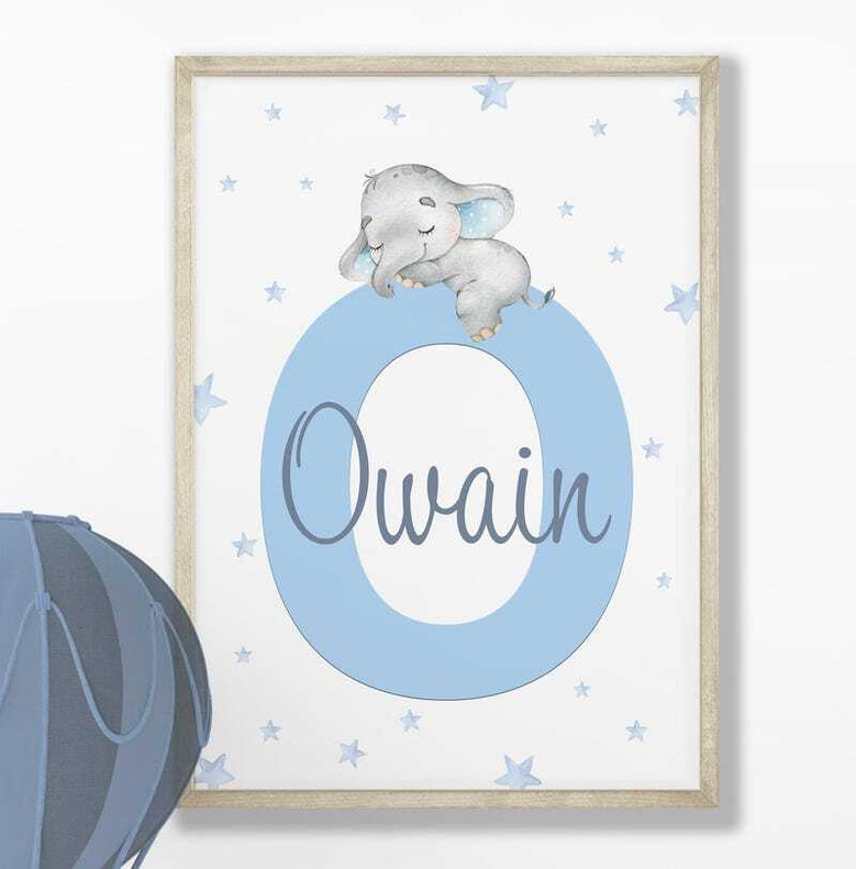 Elephant nursery canvas art in blue with hot air balloon and rainbow, personalized baby boy name for playroom wall