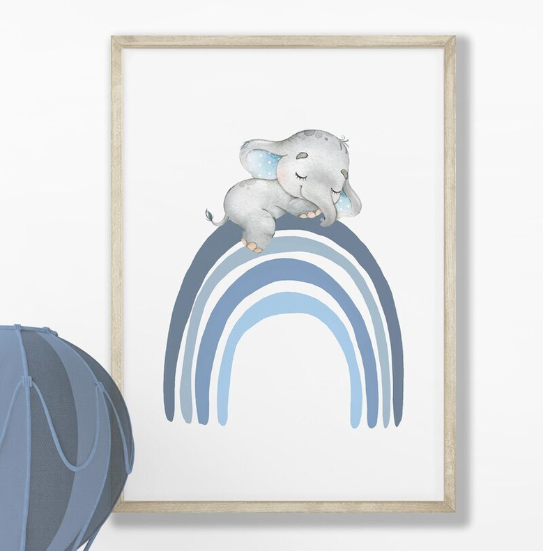 Elephant nursery canvas, blue balloon and soft rainbow theme, custom name and birth stats print for newborn boy gift
