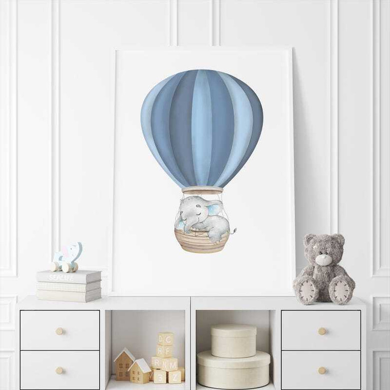 Elephant nursery canvas for boys, blue balloon and rainbow motif, custom name artwork ideal for playroom or baby shower gift