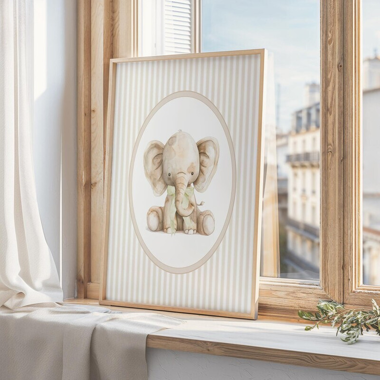 Vintage elephant nursery canvas, minimalist sketch on cotton canvas with rustic fence, neutral tones for unisex baby space.