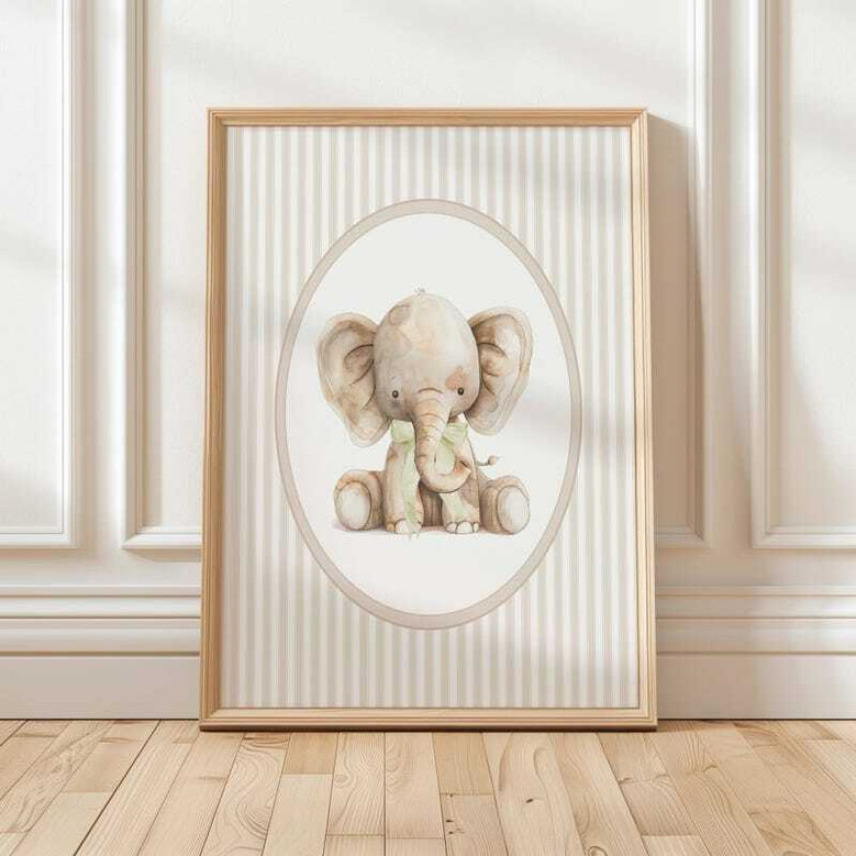 Vintage elephant canvas wall art in gray and taupe, farm-theme details with fence and hay, decor for gender-neutral nursery.