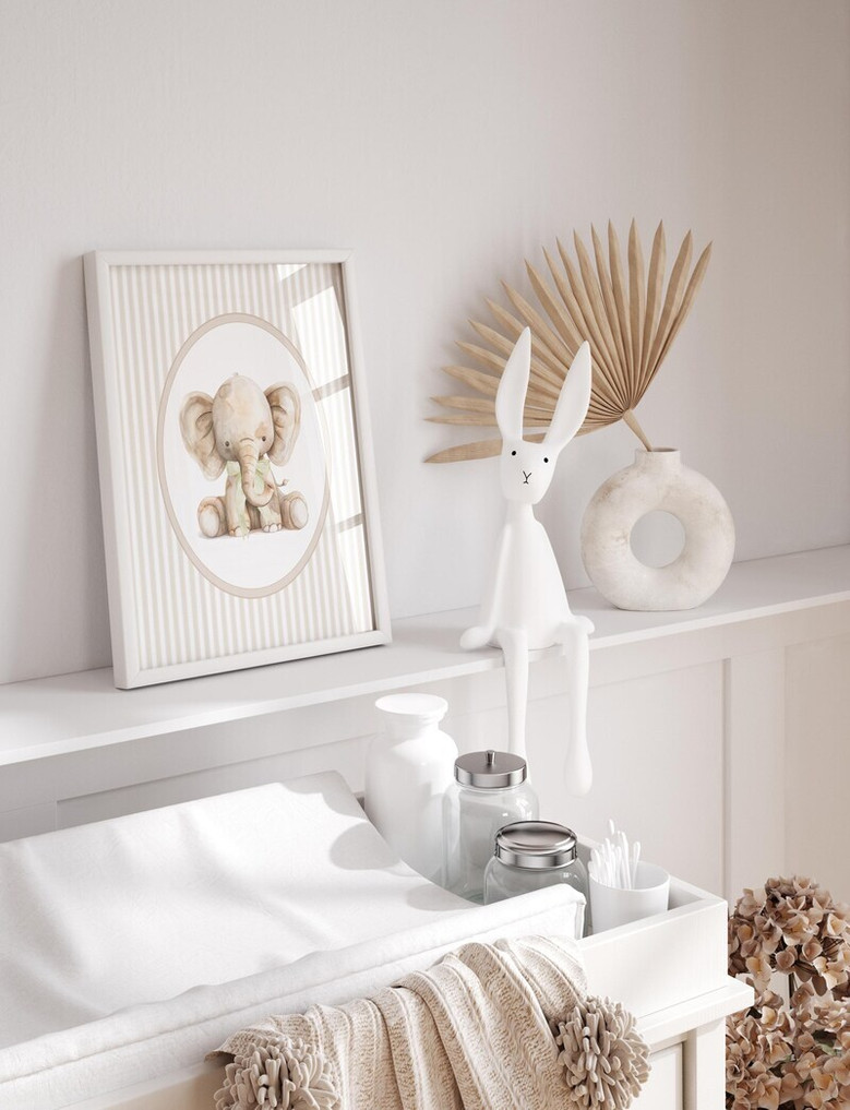 Vintage elephant nursery decor print on gallery wrap canvas, watercolor style and barnyard accents for farmhouse kids decor.