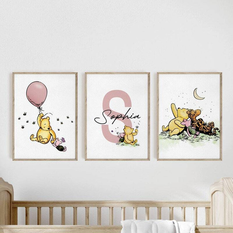 Classic Pooh Bear canvas set of square prints, watercolor storybook style, custom name and date, sweet unisex nursery decor.
