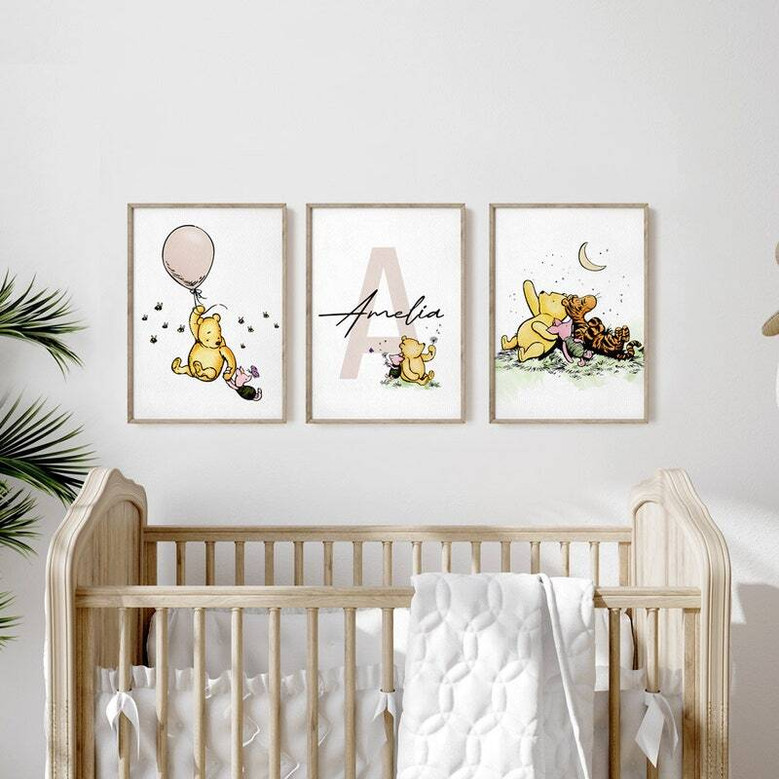 Winnie the Pooh canvas set in panoramic trio, woodland accents and clouds, personalized name, gift for new parents.