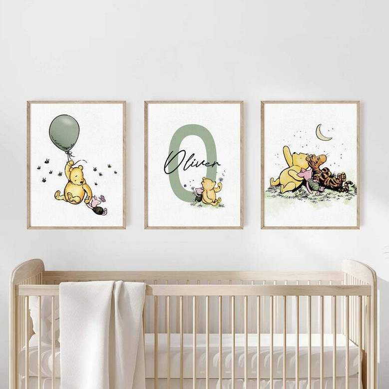 Winnie the Pooh canvas set, personalized nursery wall art with classic Pooh and Piglet, custom name and birth date.