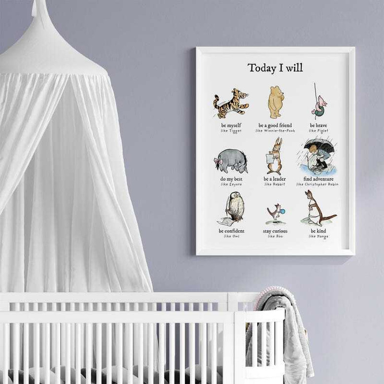 Winnie the Pooh nursery canvas wall art, positive quote design in soft sage and honey tones for children's room decor