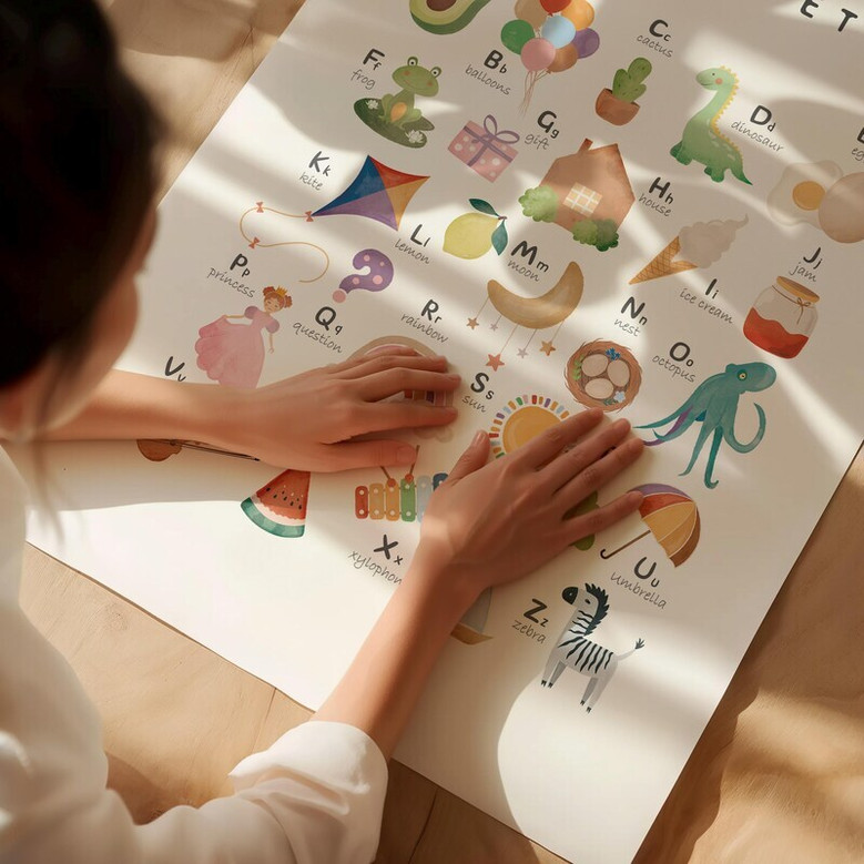 Watercolor alphabet nursery canvas with numbers, personalized name; boho palette in oak frame, landscape for homeschool room