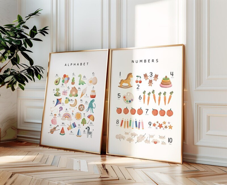 Watercolor alphabet nursery canvas and numbers, custom child name; minimalist backdrop, black frame for classroom decor