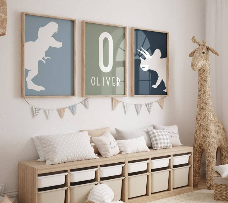 Dinosaur canvas trio with custom name center print, watercolor T-rex and triceratops in sage and beige nursery palette