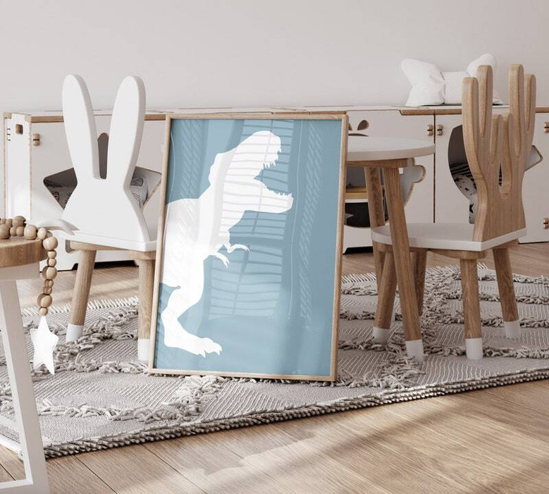 Dinosaur name sign canvas prints set of 3, personalized center panel, muted green and gray palette for modern boys' nursery