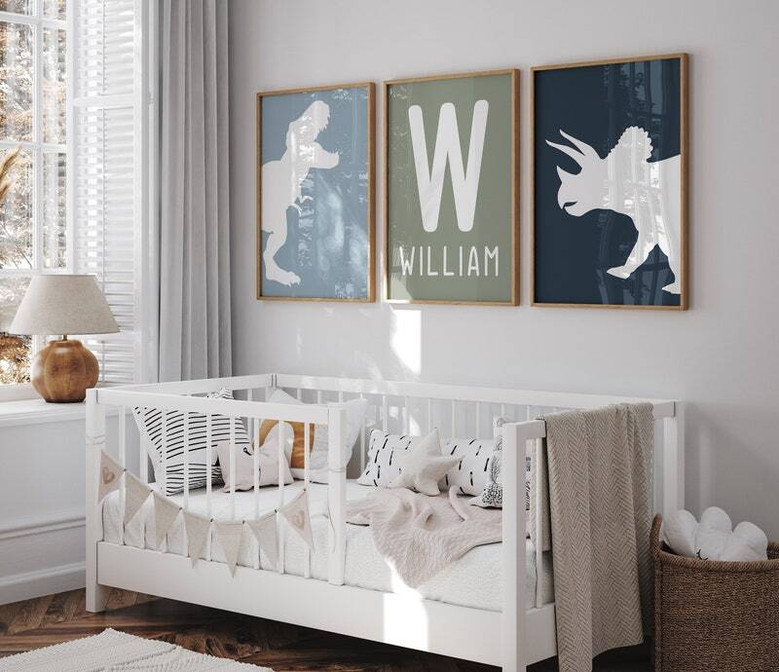 Dinosaur nursery canvas set of three, customizable name on middle print, soft pastel blues and greens for boys' room decor