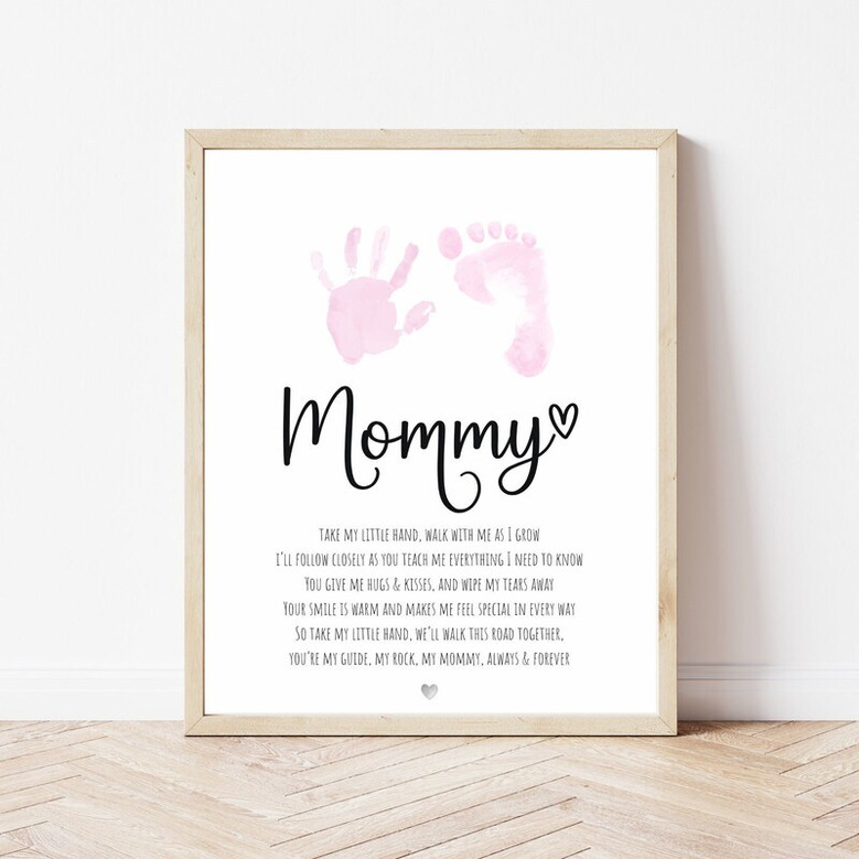 Mother's Day handprint canvas keepsake with kids’ handprints and footprints, personalized with names and date, gift for mom
