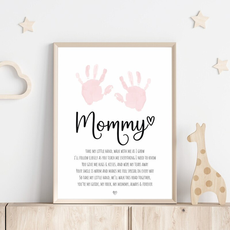 Mother's Day handprint canvas wall art from kids, custom names and date under handprints and footprints, keepsake for mom