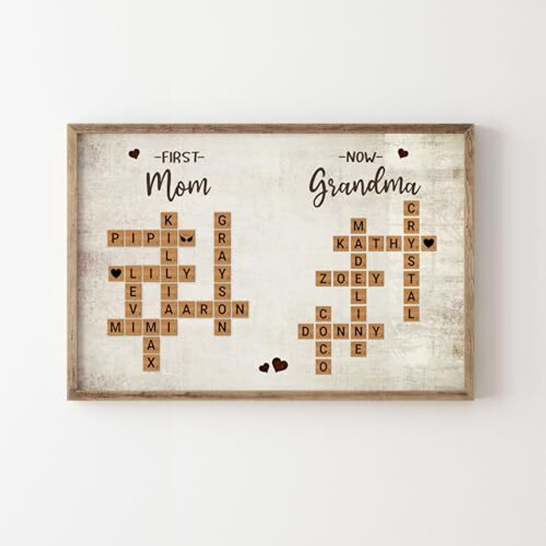 First Mom Now Grandma crossword name canvas wall art, personalized with grandchildren names, rustic decor, grandma gift