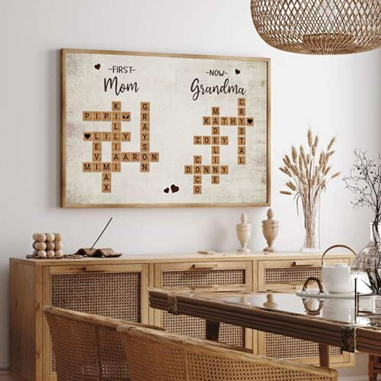 First Mom Now Grandma name crossword canvas wall art, personalized with family names, rustic style for living room decor