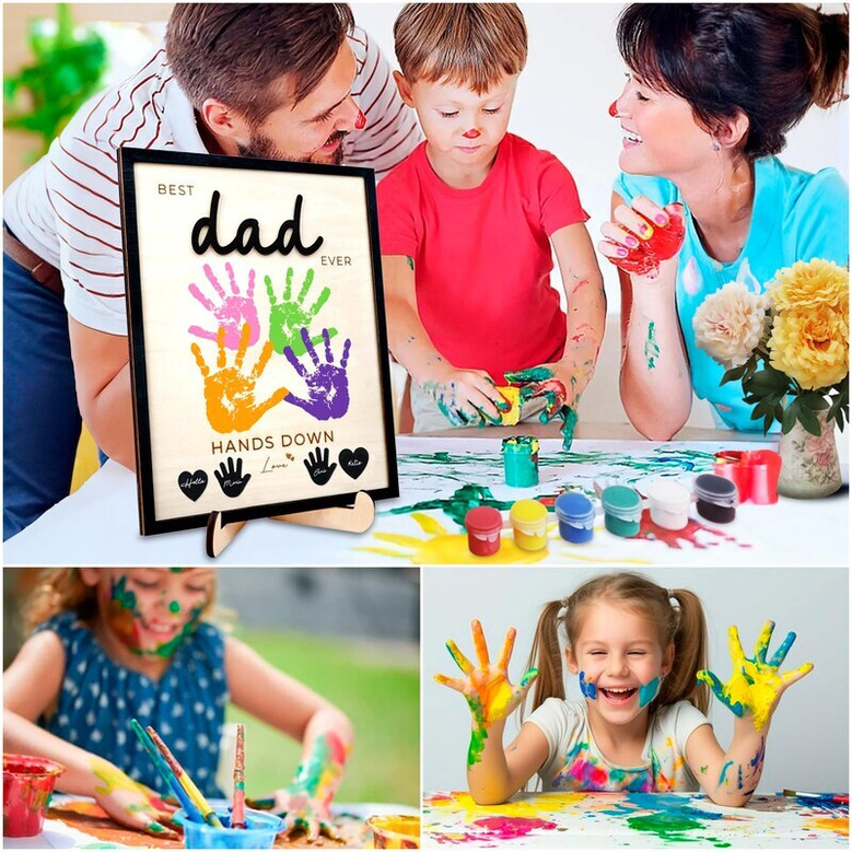 Best Dad Ever handprint canvas portrait, personalized with children’s names and 2025, warm kraft look, Christmas gift