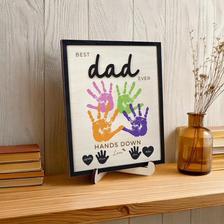 Best Papa handprint canvas, personalized with kids’ names and 2025, modern black framed, neutral palette for living room