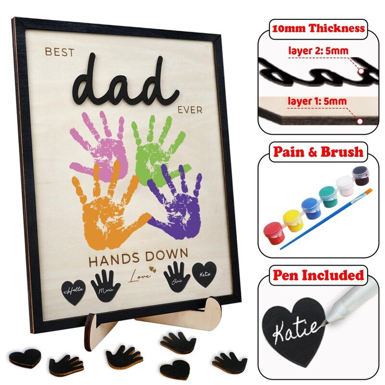 Daddy handprint canvas personalized with kids’ names and 2025, rustic wood-look background, Father’s Day gift