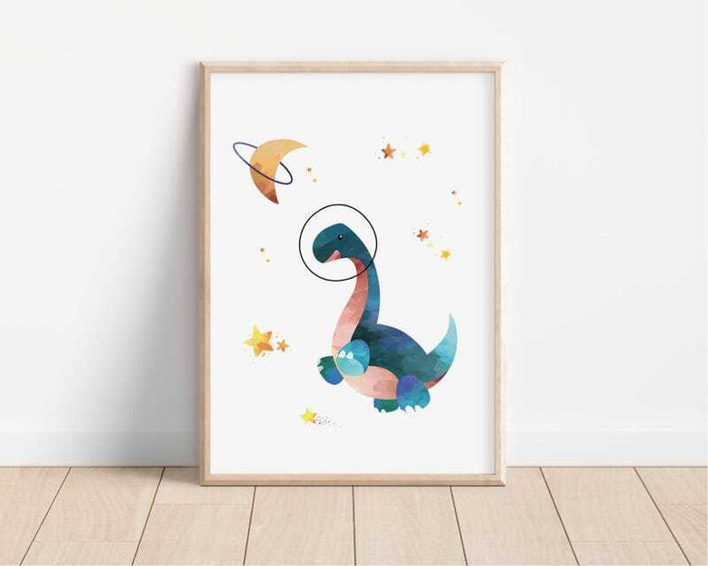 Space dinosaur art print set, apatosaurus floating by Saturn's rings, muted teal and navy palette, nursery decor for boys