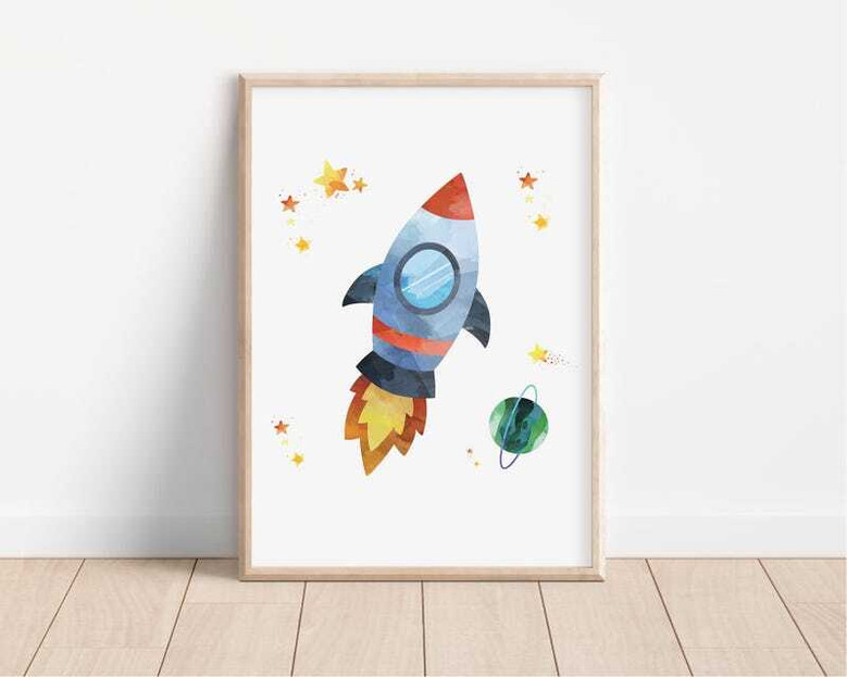 Space dinosaur canvas wall art, triceratops in a rocket ship, watercolor night sky, landscape orientation for boy nursery