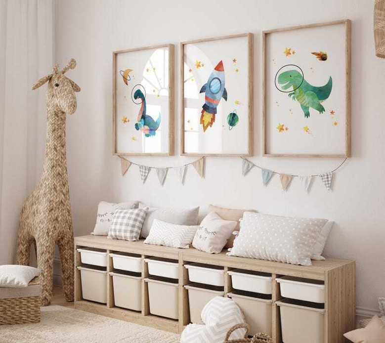 Space dinosaur canvas art prints with triceratops and rocket, deep blue galaxy, watercolor style, toddler boy nursery decor
