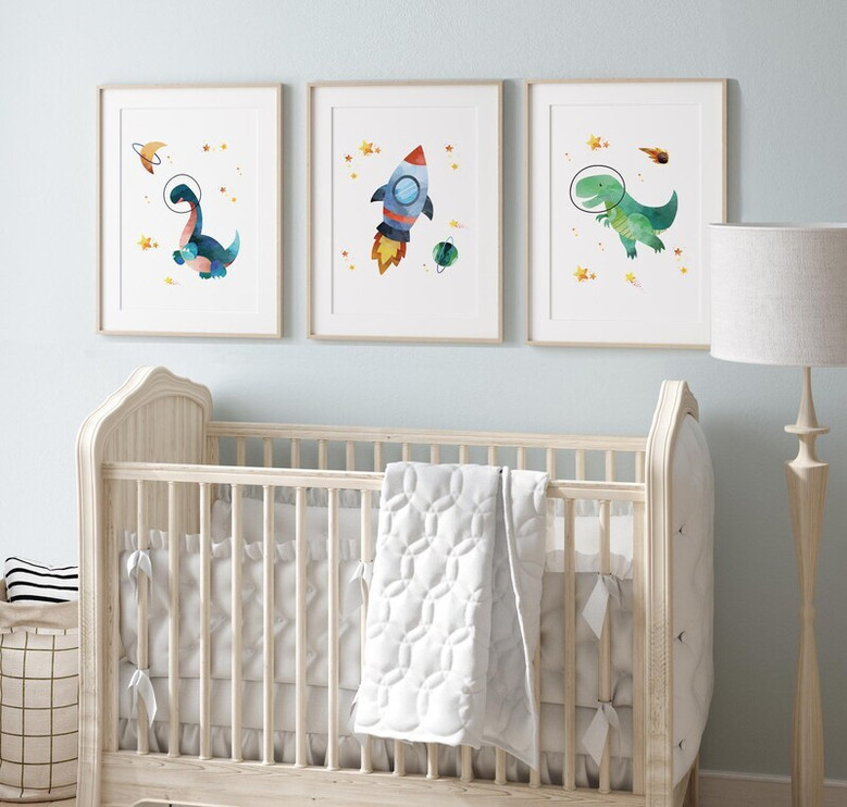 Space dinosaur watercolor canvas, baby T-Rex in space helmet, shooting star trail, light gray background, boy nursery decor