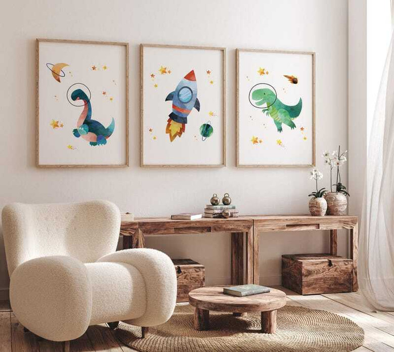 Space dinosaur nursery wall art set, stegosaurus among planets and constellations, soft watercolor, boy baby room decor