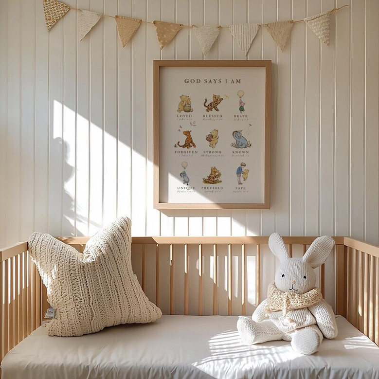 Winnie the Pooh scripture canvas print, neutral beige tones with honey pot accents, Christian kids room decor, portrait