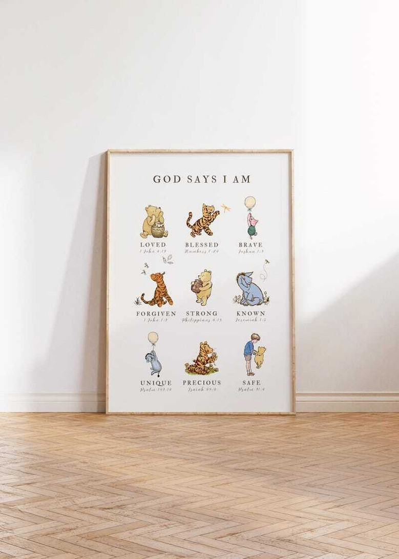Winnie the Pooh faith-based canvas print, floral wreath around scripture, warm neutral palette for girl nursery decor, vertical