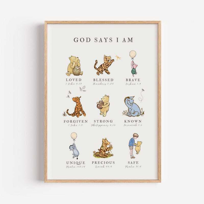 Winnie the Pooh nursery canvas wall art with Christian scripture, watercolor style for baby room decor, landscape